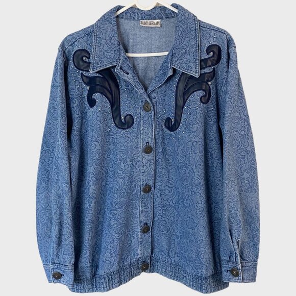 Saint Germain Jackets & Blazers - Vintage Saint Germain Blue Floral Motif Western Denim Jacket Women's Size Large